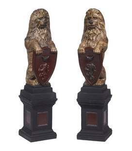 PR OF VINTAGE CAST IRON ENTRANCE LION STATUES: Two part, multi-colored Rampant Lions with Shields on integral pedestals, 30" tall. Fine condition.