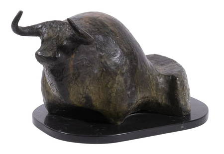 JUAN FRANCISCO RODRIGUEZ SORIANO (MEXICO/US, 1920-2006): "Resting Bull", abstract cast and patinated bronze, unsigned, on marble mount. 11 1/2" x 18 1/2" x 10 1/2".