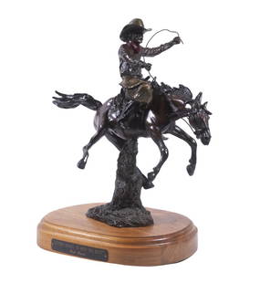 BOB PARKS (AZ/CA, 1943-2017): "Gettin' Ready to Bite the Dust", limited edition bronze sculpture, #12/25, with inscribed signature and edition # at base edge, mounted on an oval molded edge wooden stand, titled and with artist