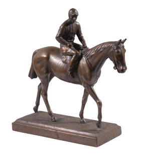 JOCKEY ON HORSE SCULPTURE: "Kelvinator Derby 1931, Winner: New Haven, Bowie Track", copper on plaster trophy, 13 1/2" high, 13 1/2" x 4 1/2" high. Missing reins.