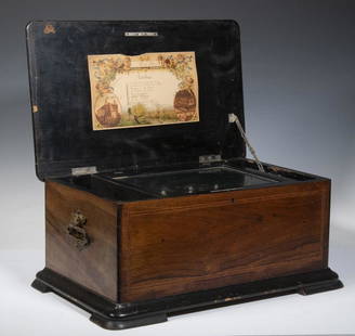 SWISS 8-AIRES MUSIC BOX: 19th c. Inlaid Rosewood Cylinder Music Box, 8 airs, s/n 23781 1196, with original chromolitho listing card inside the lid, selector for different songs, having four bells with bird strikers, interior