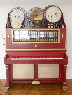 NICKELODEON MUSIC MACHINE: Rare Early 20th c. Coin Operated Automatic Music Machine, by Stultz & Co., New York, patented March 19, 1907, includes player piano, xylophone, and percussion, with 13 extra paper piano rolls,