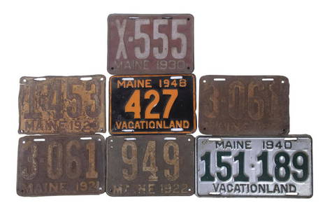 VINTAGE LICENSE PLATES: Lot of (16) ME license plates, 7 Prs w/2 single plates: Pr "X-555" 1930, rare commercial X-Plate, White lettering on black, minor rust and cracking to white paint. Pr "H-37" 1924, white lettering on