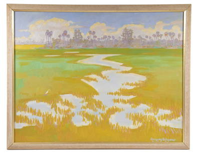 GREGORY LEE BEHYMER (FL, 1962- ): St. John's River, FL, oil on canvas, signed lower right, in a natural color wooden frame with gilded inner edge, OS: 30 1/2" x 39", SS: 27 1/2" x 35". Good condition.