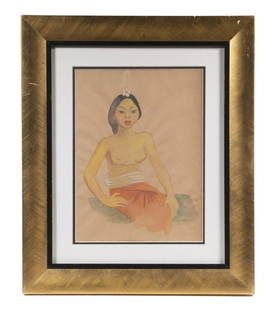 MIGUEL COVARRUBIAS (MEXICO/NY, 1904-1957): "Balinesa", watercolor on tan paper, signed lower right, in domed gold frame, matted under glass, OS: 18 1/2" x 15 1/2", SS: 12 1/2" x 8 1/2". Rippled. Provenance: Greenwich, CT estate.