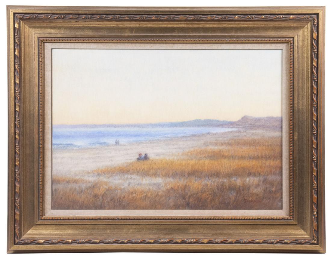 ROBERT SCOTT JACKSON (DE/PA/NC, 1964 - ): Three Couples on Beach, pastel on paper, signed lower right, mounted on linen stretcher, in gold carved frame, linen liner as spacer under glass, OS: 20 3/4" x 26 3/4", SS: 13 1/2" x 19 1/2", fine con