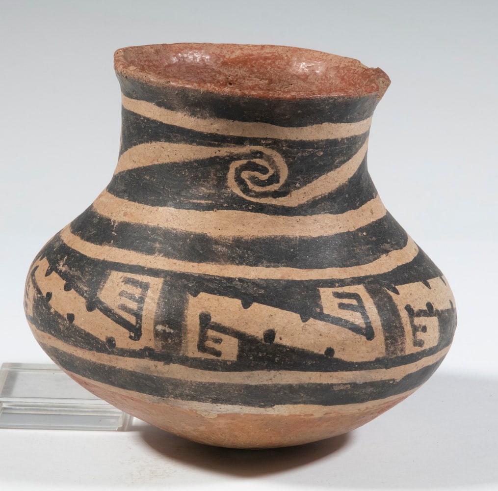 NATIVE AMERICAN POTTERY: Gilla Olla Pot by the Salado Branch of the Anaszi Culture, circa 1300-1450 AD. 5" x 5 1/2", chipped rim, losses to pigment. Note inside reads: "Found in East Central Arizona near Roosevelt Lake and up