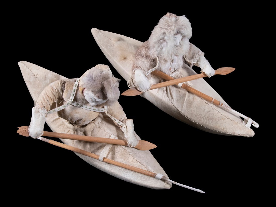 (2) INUIT SEALSKIN TOY KAYAKS WITH HUNTERS (1 of 3)