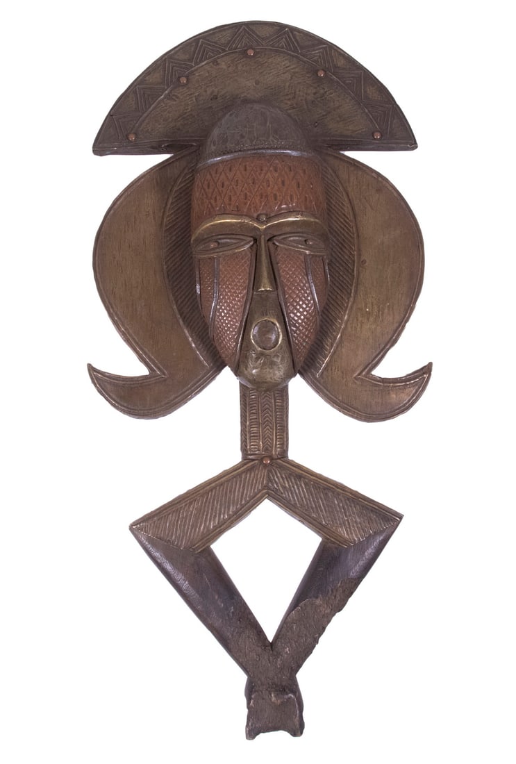 BRASS COVERED HARDWOOD AFRICAN MASK (1 of 3)