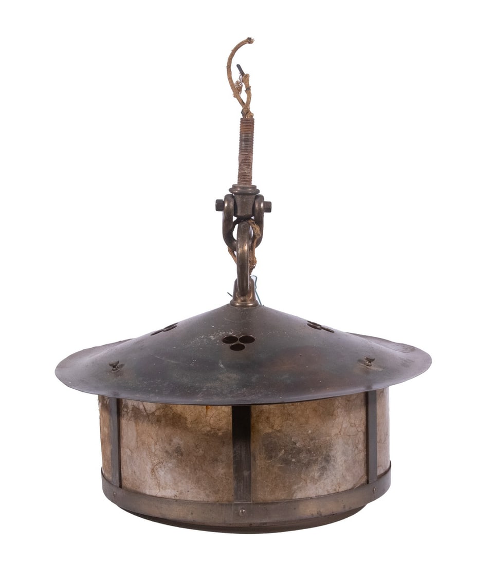 ARTS & CRAFTS COPPER CEILING LIGHT WITH MICA PANELS: Early 20th c. Round Ceiling Mount Light Fixture, with domed top and mica side panels, hinged base (missing glass or mica insert), single socket fixture, 8 1/2" high (to top of loop), 13 1/2" diam. Mis