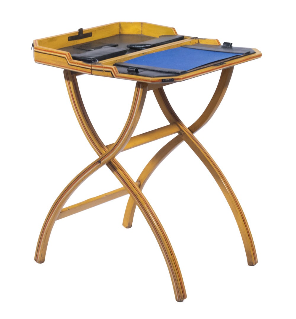 VINTAGE FOLDING PORTABLE DESK: Painted X-Frame Campaign Desk, having a hinged top that folds open to reveal leather mounted blotter with pen holders, two pockets, pad holder and calendar date holder with celluloid date cards, 25" h