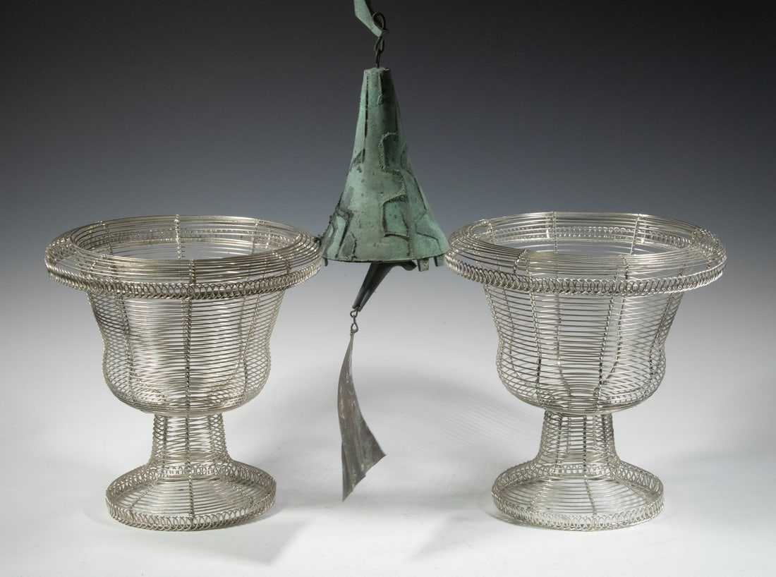 PR WIRE URN FORM PLANTERS & COPPER WIND CHIME: Pair of French Style Wire Footed Planter Holders, with chromed surface, 10 1/2" high, 10 1/2" diam., good condition; PLUS Modernist design copper wind chime, 25" long, weathered surface.
