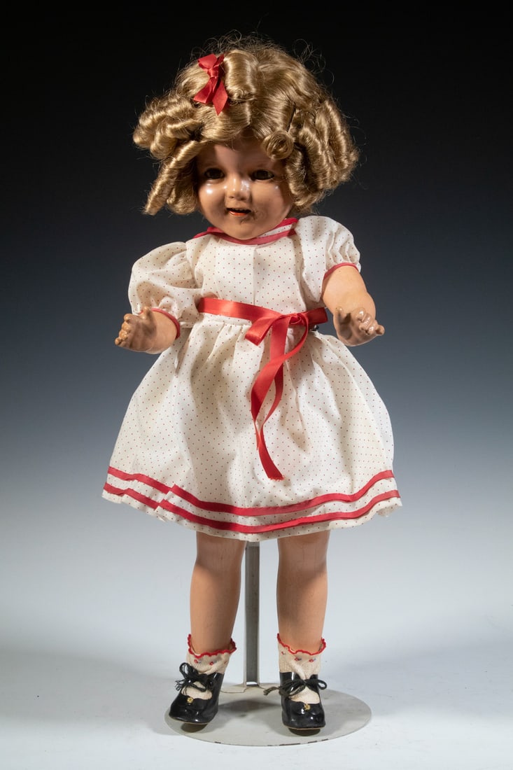 SHIRLEY TEMPLE COMPOSITION DOLL: Vintage Toy Doll, depicting child actress Shirley Temple, c. 1930s, probably by Ideal, all composition head and body with jointed shoulders and hips, original ringlet curled wig with ribbon, sleep eye