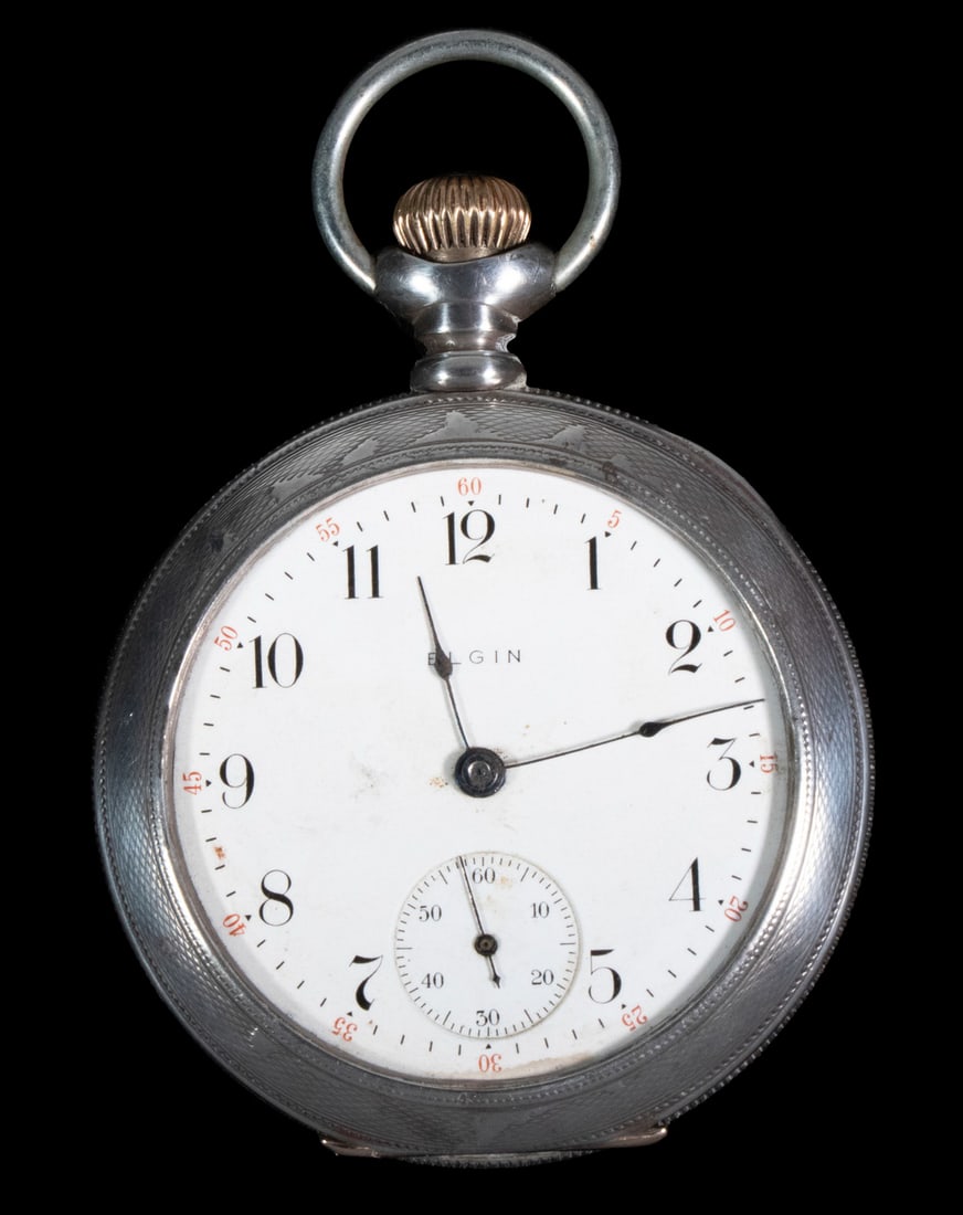 ELGIN STERLING CASED POCKET WATCH: Open Face 18-Size Pocket Watch by Elgin, sn 11955915, 17-jewels, white enamel dial with black Arabic numerals, subsidiary seconds dial, Dueber sterling silver case. Missing crystal, stored in a safety