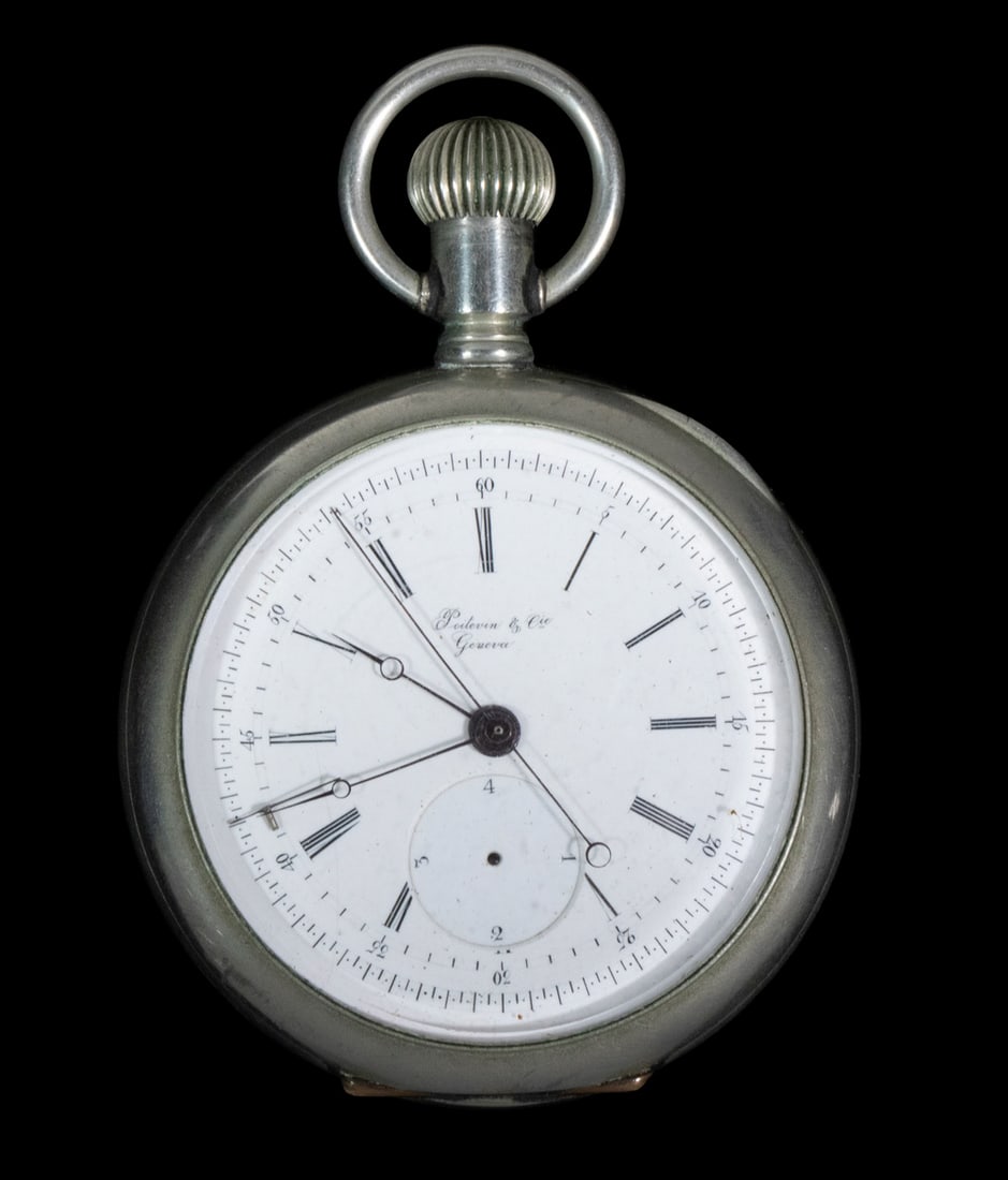 POITEVIN & CIE GENEVE POCKET WATCH: Swiss Made Open Face Key Wind Key Set Watch, in mis-matched silveroid case. Stored in a safety deposit box for many years.