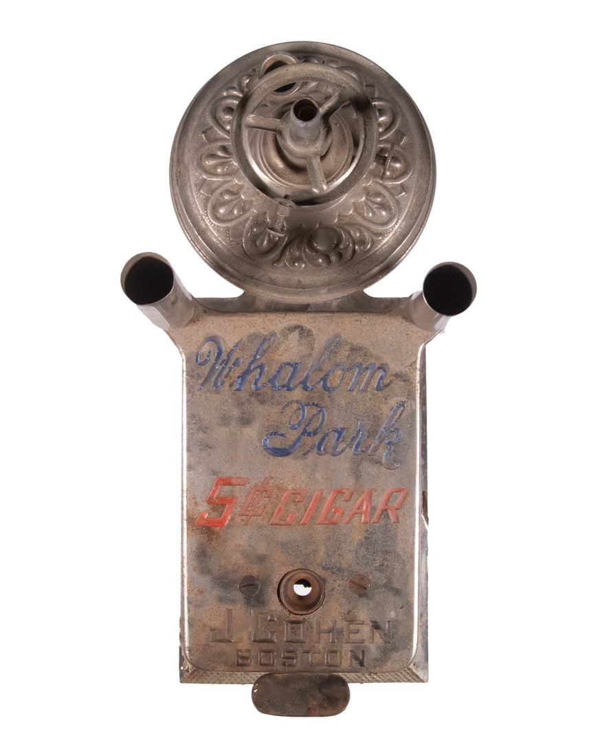 ANTIQUE CIGAR CUTTER & LIGHTER WITH ADVERTISING: Nickel Plated Iron and Silver Plate Cutter & Lighter Combination, early 20th c., a vending item from Whalom Park (Lunenburg, MA amusement park, 1893-2000), also with advertising for "J(oseph). Cohen, 