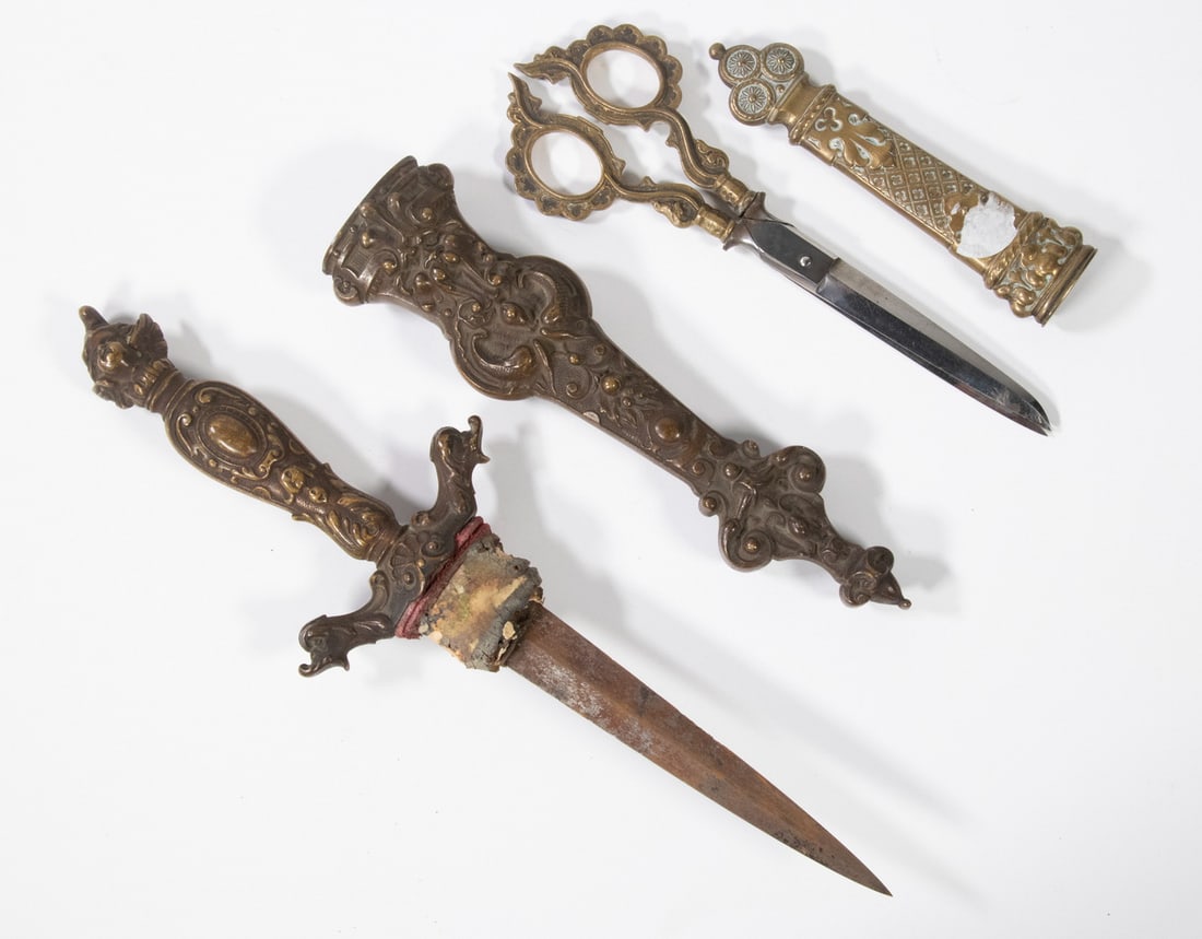 VINTAGE DAGGER & CASED SCISSORS: (2) Brass Handled Items, incl: Ornate dagger with brass scabbard, probably German, 13 3/8" long, wear and rusted blade; and Scissors with fancy handle and case, stainless blades marked "Germany", 8 1/