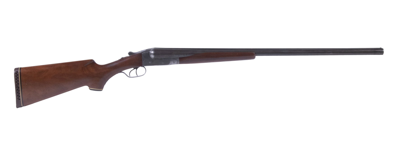 REBUILT ITHACA SXS SHOTGUN, 12 GA: An Ithaca side-by-side shotgun which has been refitted with handcarved forend and buttstock with some internal issues. The shotgun features blued barrels with single bead sight fixed to a stainless fi