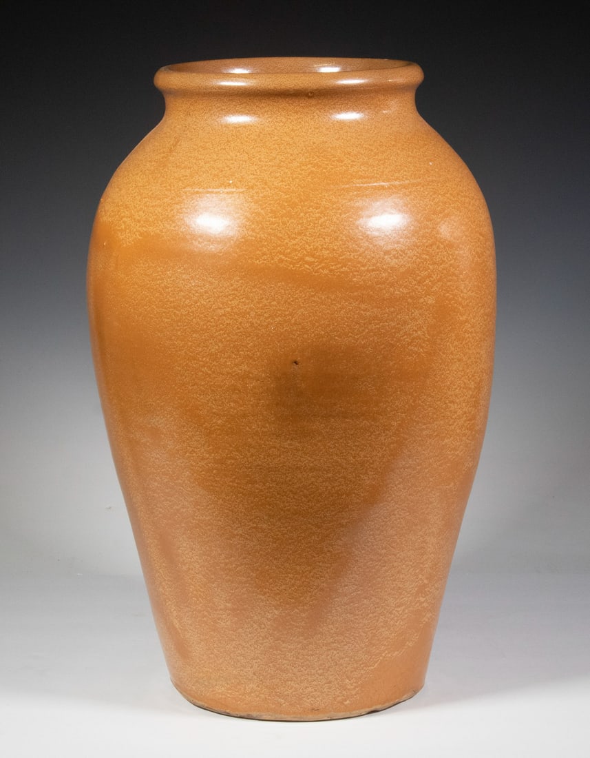 CORNELISON ART POTTERY FLOOR VASE, BYBEE, KY: Large Glazed Pottery Vase, ovoid shape with flared rim, incised "Cornelison Pottery, since 1809, Bybee, Ky., Handmade" on base, 18" high, 10 1/2" diam. A few exterior firing glaze pops.