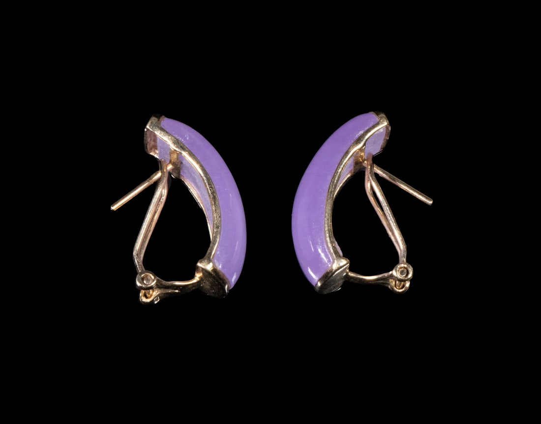 PR LAVENDER JADE EARRINGS: Pair of 14K Yellow Gold Mounted Earrings, each set with a curved lavender jade plaque, with omega clasps for pierced ears, 3/4" long.