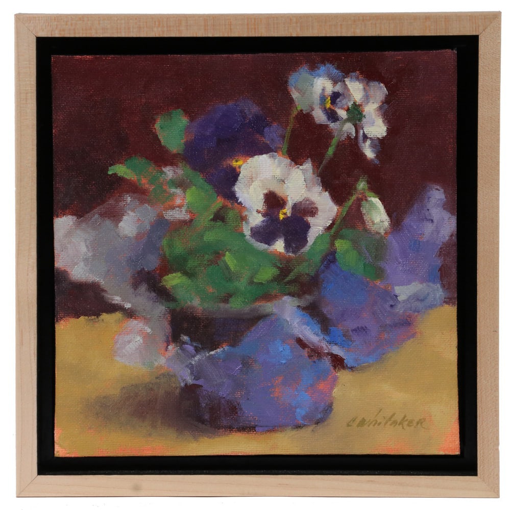 CAROLYN WHITAKER (ME/CA,1949-2018): "Potted", oil on hardboard, signed lower right, titled on tag verso, depicting pansies, housed in a birch slat frame with shadowline, OS: 9 1/2" square, SS: 8" square. Fine condition.