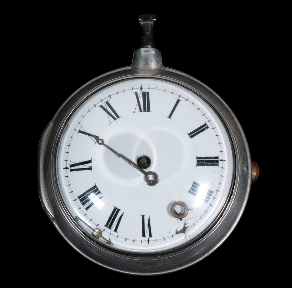 SILVER CASED ENGLISH FUSEE POCKET WATCH: 18th c. Key Wind Watch, movement signed "J. Follows, Liverpool, No. 5911", in sterling case with Birmingham city mark, maker WH (possibly William Howard), white enamel dial with Roman numerals. Dial o
