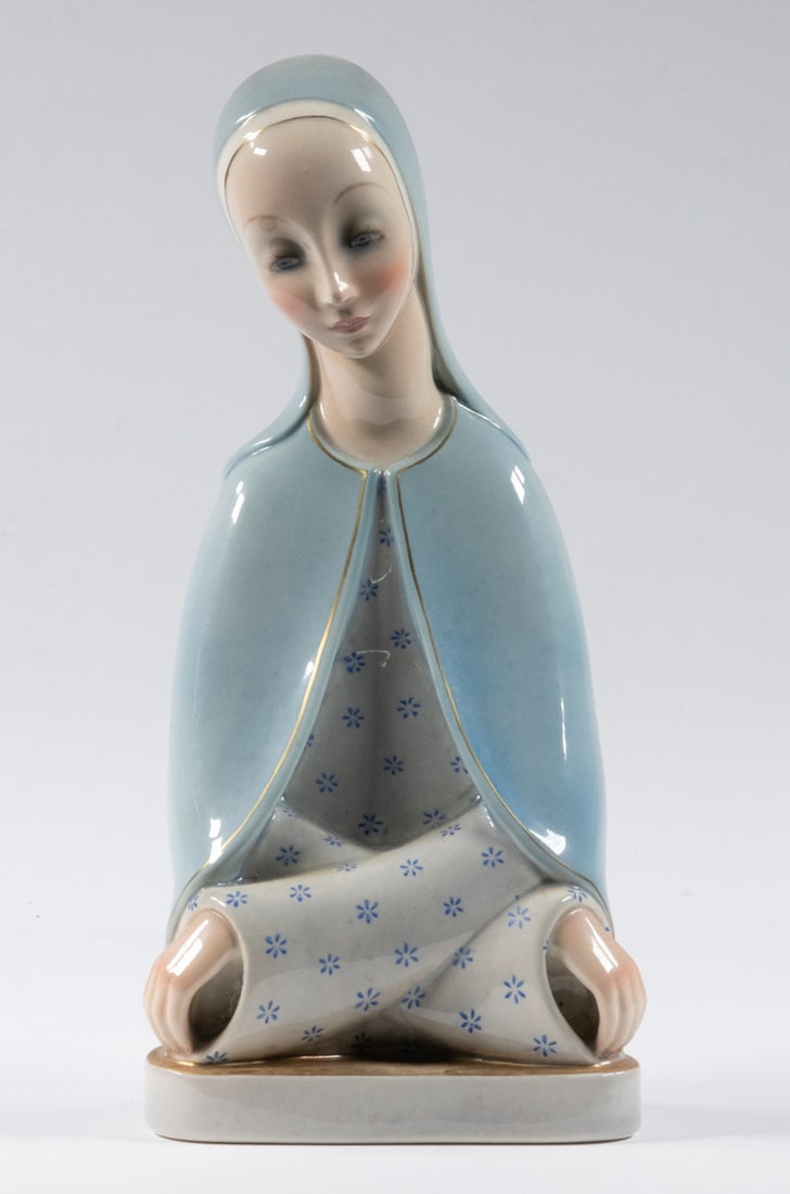 LENCI PORCELAIN FIGURE BY HELEN "ELENA" KOENIG SCAVINI (1886-1974): Lenci Italian Porcelain Bust of the Madonna "Rassegnazioe", impressed signature "Elena Scavini" on back base edge, with painted mark "Lenci, Made in Italy, Ti.A.' and Lenci, Turin paper label with '56
