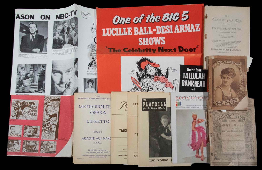 LOT OF MOVIE, TV & THEATRE EPHEMERA, 1940'S-50'S: Including: "Designing Motion Pictures" by Edward Carrick, ca 1945; multiple Playbills from the Fulton Theatre for "The Young and the Fair"; Programs from Alfred Lunt in "Ned McCobb's Daughter", Theatr