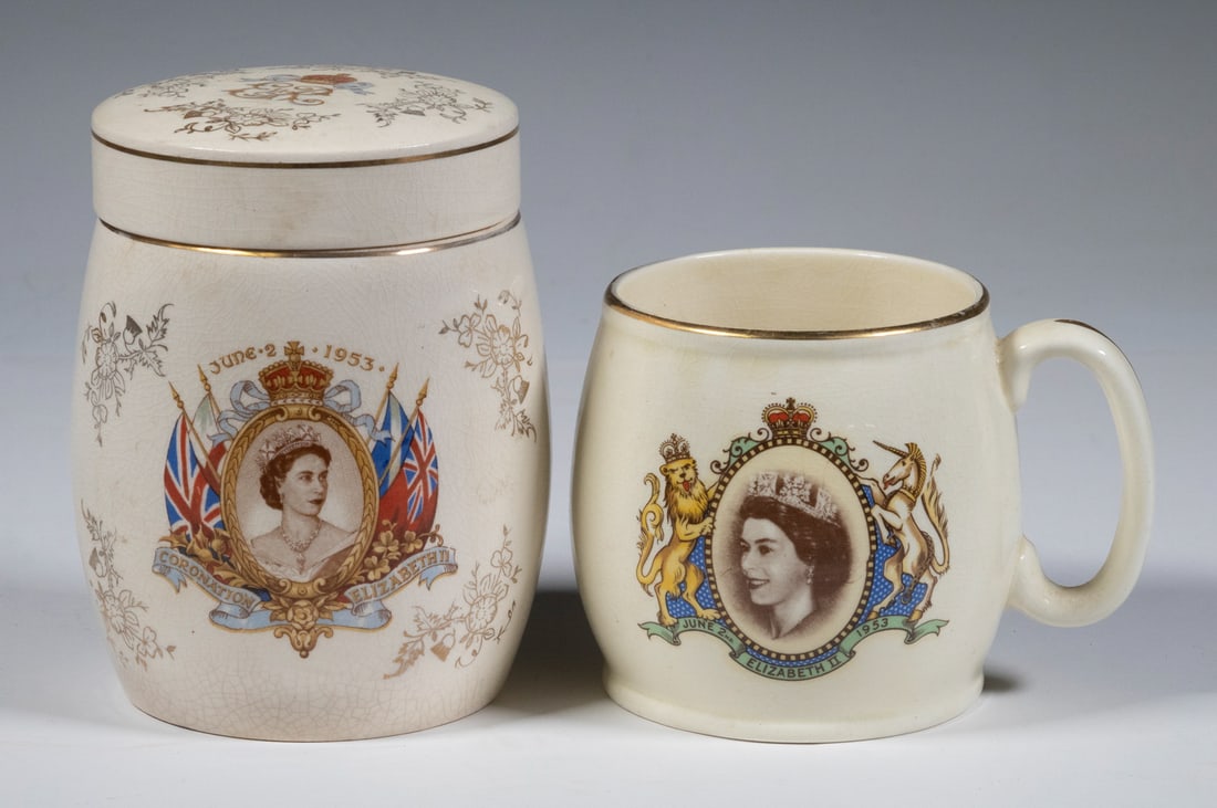 QUEEN ELIZABETH II CORONATION MEMORABILIA: (2) Piece Staffordshire Pottery Lot, incl: 1953 Coronation mug, by Kirkhams Ltd. for A.W. Gale, Wiltshire, 3 1/2" high, good condition; and Sandland Ware #352 lidded jar, commemorating the Queen's cor