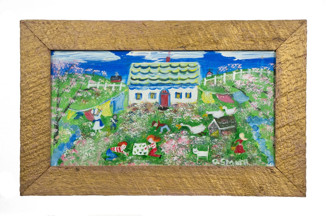 OLIVE BISHOP SMITH (READFIELD, MAINE NAIVE ARTIST): Folk Art Painting of Children playing in a garden around a white cottage in summer, oil on canvasboard, signed lower right, bio verso, in gold painted roughsawn frame, OS: 10 3/4" x 17 1/2", SS: 7" x 