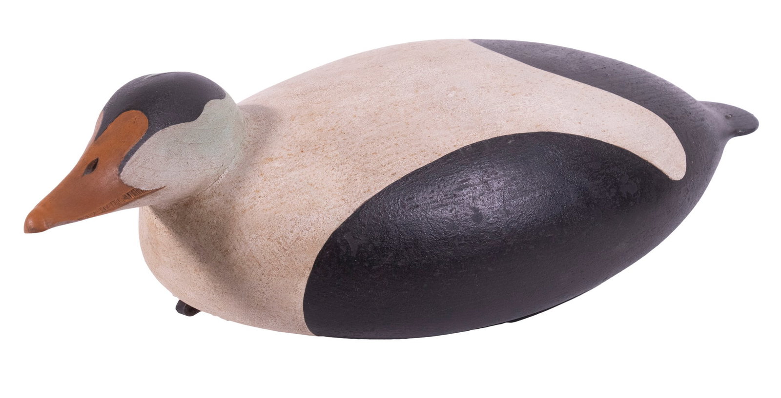 JIM KEEFER (ME, CONTEMPORARY) DUCK DECOY: Carved and Painted Common Eider Decoy, by Jim Keefer of Union, ME, #11/50, dated 2007, in hollow wood, signed on base, 6" high, 20 1/2" wide.