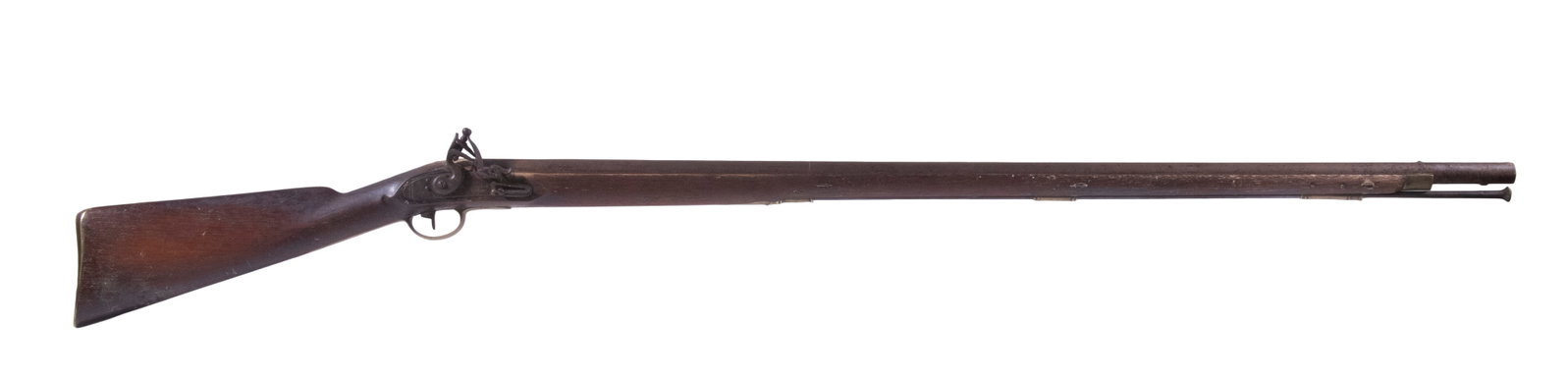 EARLY AMERICAN MILITARY MUSKET, .69 CAL: A fine example of an early American military musket bearing a "London Warranted" stamped lock plate. The gun features a 39-inch-long barrel mounted in a full-length stock with bronze nose cap, trigger