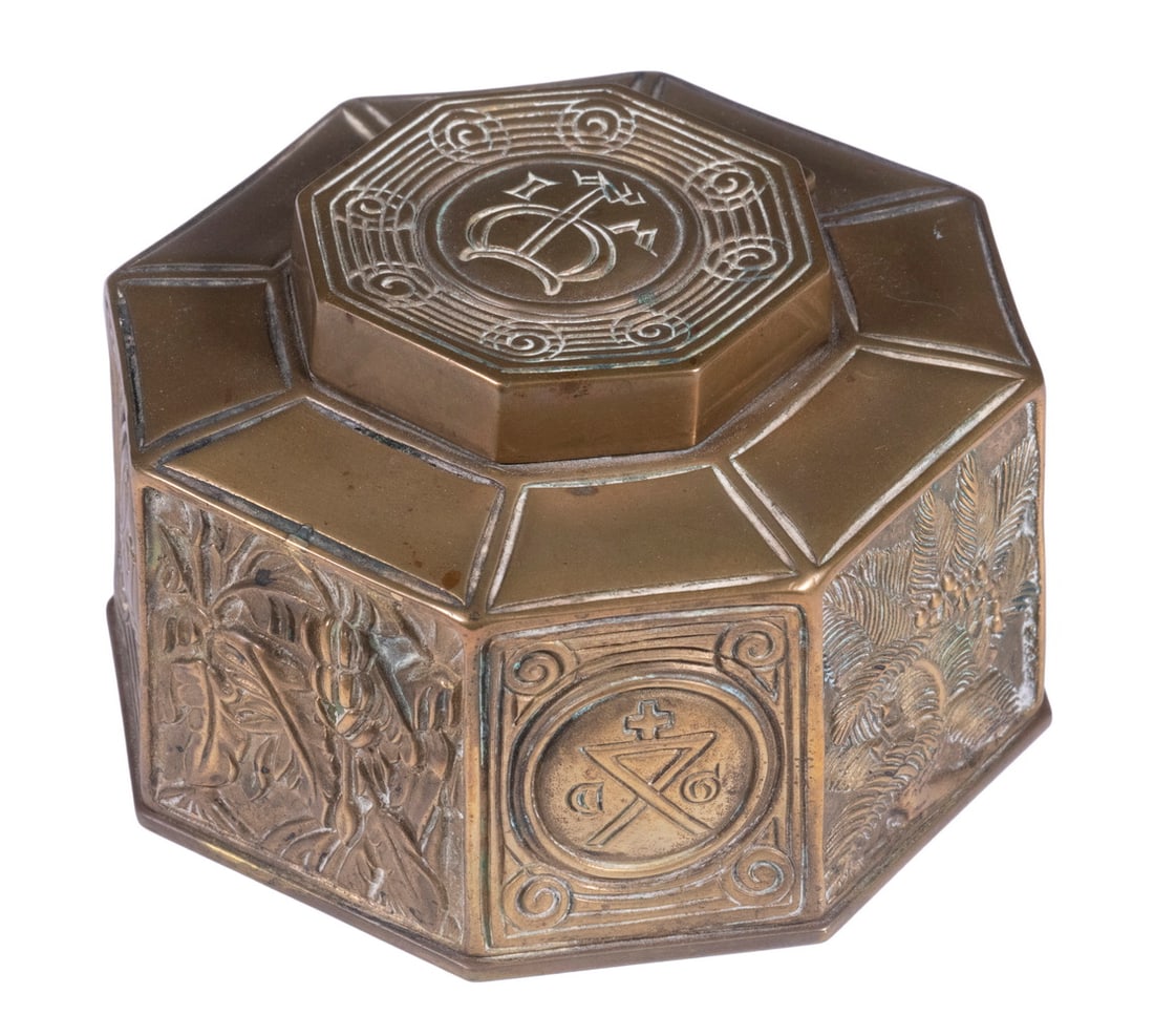 TIFFANY STUDIOS BRONZE "BOOKMARK" INKWELL: Early 20th c. Octagonal Gilded Bronze Inkwell, Bookmark pattern by Tiffany Studios, New York, #864, with original glass liner, 3" high, 4" sq.