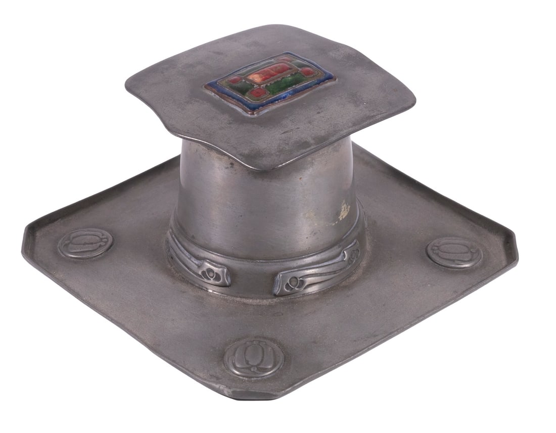 ARCHIBALD KNOX ARTS & CRAFTS TUDRIC PEWTER INKWELL: Ca. 1902 English Patinated & Enameled Pewter Inkwell, #0141, designed by Archibald Knox (1864-1933) for Liberty & Co., having a hinged top with polychrome enameled decoration, square base with floral