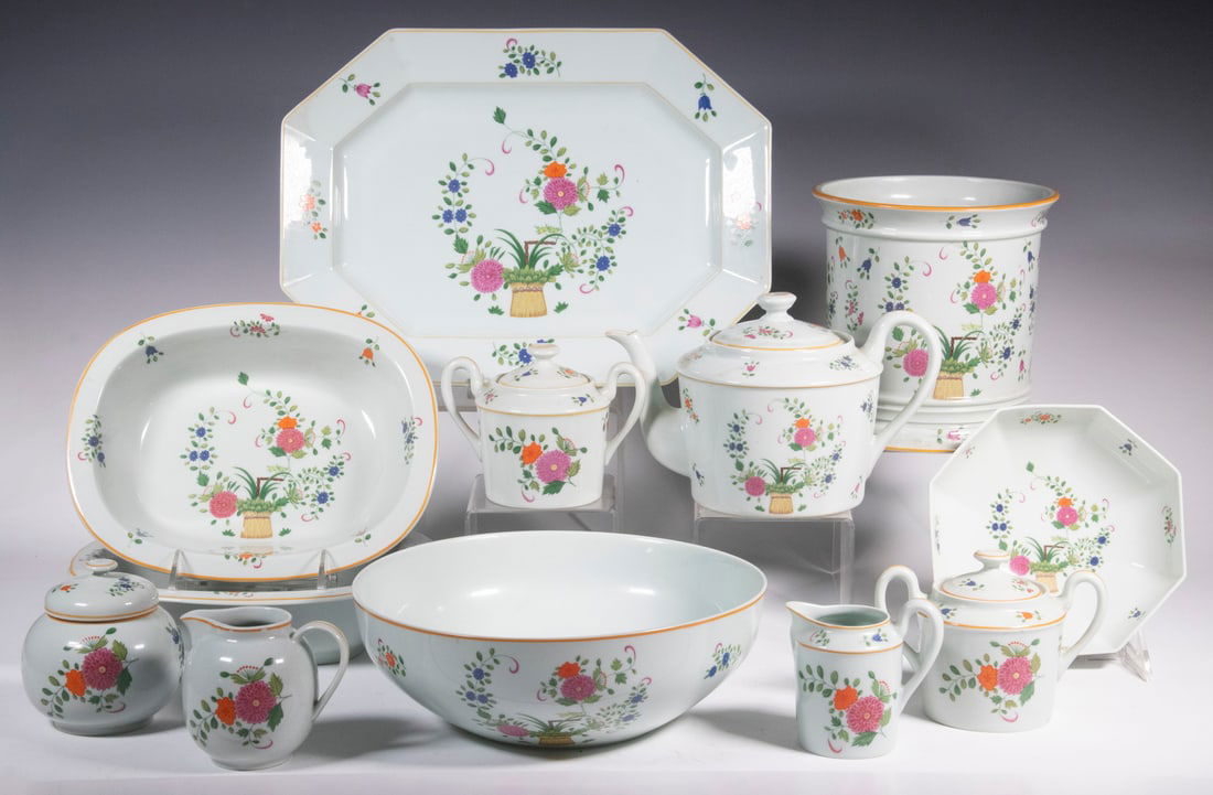 RAYNAUD & CO. CERALENE "PANIER CHINOIS CELADON" CHINA: (65) Pieces of French Limoges China, Panier Chinois (Chinese Basket) celadon pattern, incl: (14) Dinner plates, 10 1/2" diam.; (24) Salad plates, 8 3/4" diam.; (5) Bread plates, 6 1/2" diam.; (2) Bowl