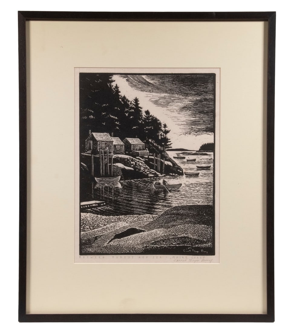 CARROLL THAYER BERRY (ME, 1886-1978): "Between Forest and Sky - Maine Coast", woodblock print, pencil signed and titled in lower margin, also signed lower right in print, housed in an ebonized wooden frame with mat, glazed, OS: 20 1/2" x 