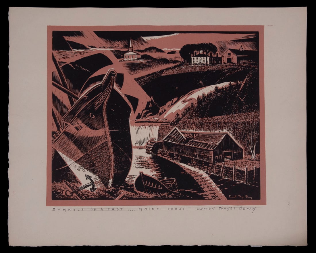 CARROLL THAYER BERRY (ME, 1886-1978): "Symbols of a Past", woodblock print on paper, (with brick color), pencil framed and titled, unframed, loose, sheet size: 14" x 17", impression: 10 3/4" x 12 3/4".