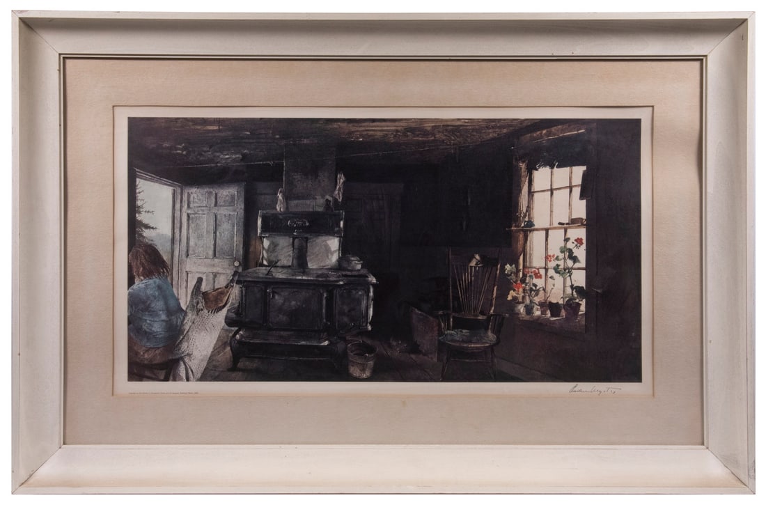 ANDREW NEWELL WYETH (PA/ME, 1917-2009): "Woodstove" collotype print after the 1962 original watercolor, pencil signed, published in 1963 by the Farnsworth Art Museum in Rockland, ME. A portrait of the Olson House, the home of siblings Alvar