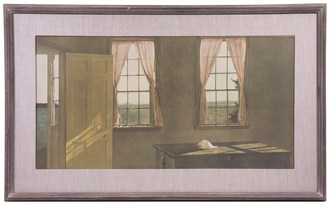 ANDREW NEWELL WYETH (PA/ME, 1917-2009): "Her Room", photolithograph, unsigned. Farnsworth Museum of Rockland, Maine 1965 copyright, in weathered molded frame, matted under glass, 20 1/2" x 33 1/2", SS: 14" x 27".