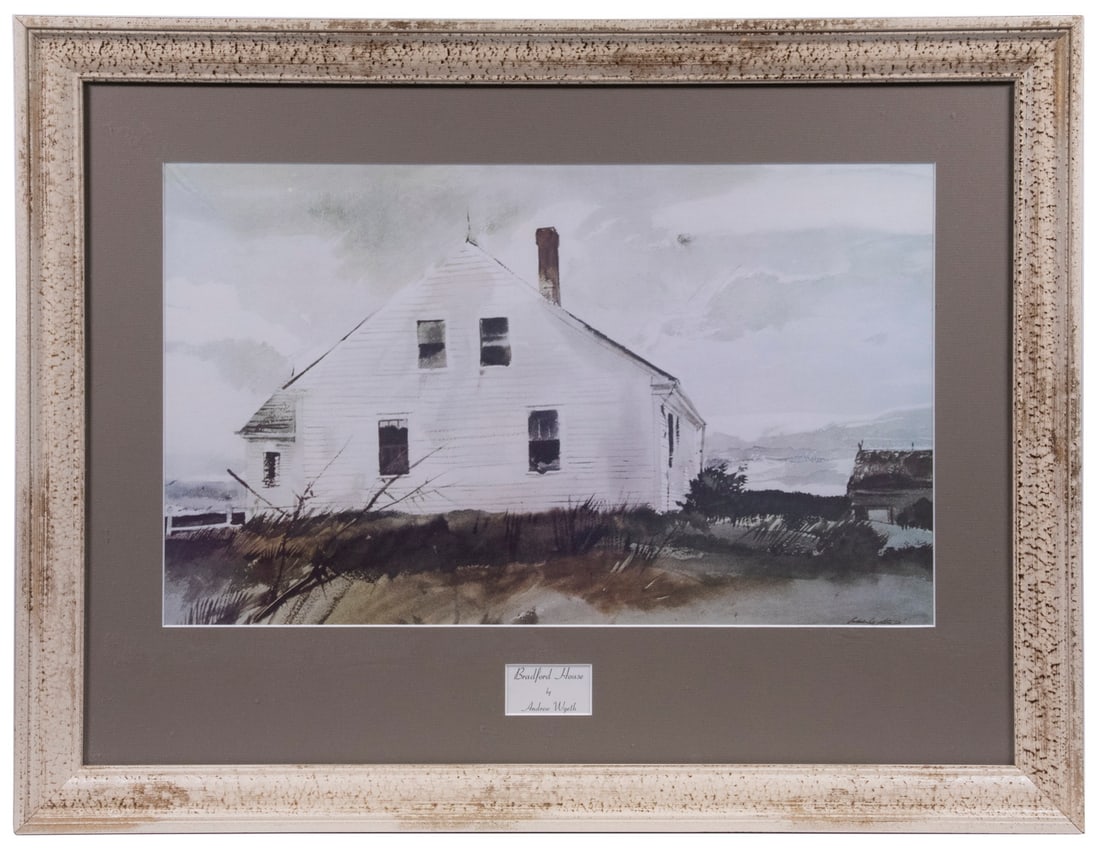 ANDREW NEWELL WYETH (PA/ME, 1917-2009): "Bradford House" offset lithograph after the 1965 watercolor, in white molded frame with scumbled brown and gold, with two window mat (title below), under non-glare glass, OS: 20 1/2" x 27", image siz