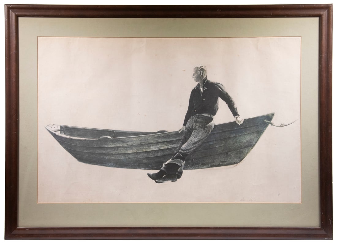 ANDREW NEWELL WYETH (PA/ME, 1917-2009): "Young Fisherman and Dory", collotype print after the original watercolor of 1966, published by the Farnsworth Art Museum of Rockland, ME, with printed signature, in walnut ogee frame, matted under gl