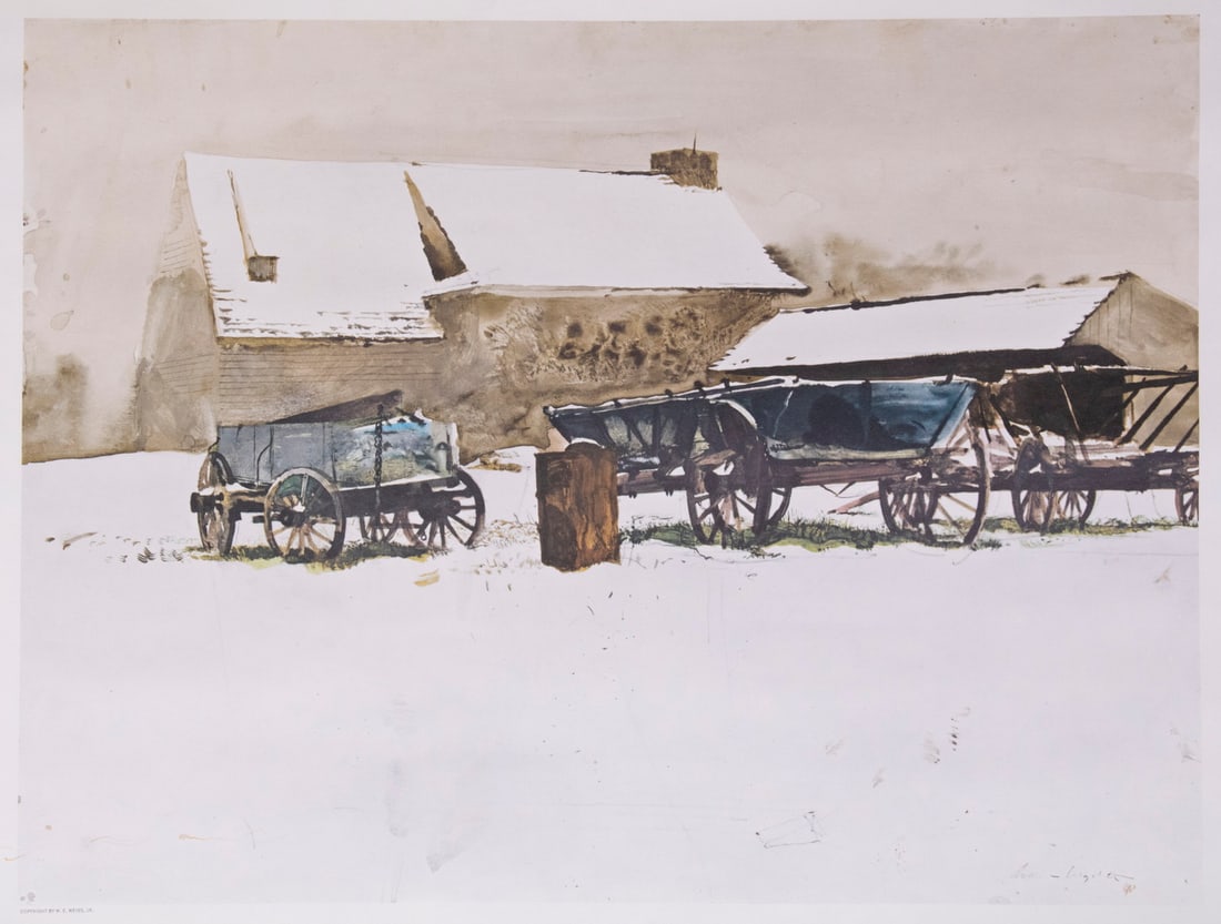 ANDREW NEWELL WYETH (PA/ME, 1917-2009): "Rural Holiday", lithograph on paper, signed in print lower right, titled lower center, copyright by W.E. Weiss Jr./Triton Press, unframed, sheet: 20" x 24", image: 15" x 20". Edge stains.