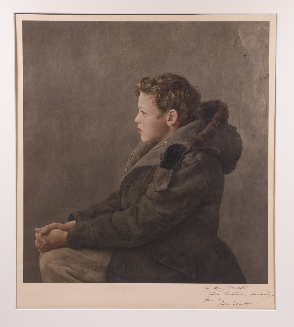ANDREW NEWELL WYETH (PA/ME, 1917-2009) SIGNED PRINT: "Nicholas", giclee print, ink signed with presentation lower right margin "For Mary Greuild, with Christmas Greetings, from Andrew Wyeth", image depicts Wyeth's son at age 10, unframed, sheet: 30" x 2