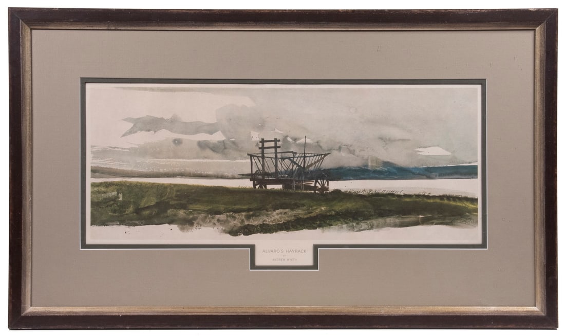 ANDREW NEWELL WYETH (PA/ME, 1917-2009): "Alvaro's Hay Rack", collotype print after the original watercolor of 1963, in brown box frame with pale gold liner, conforming mat (for title below artwork), under glass, OS: 17" x 29", image size: 8