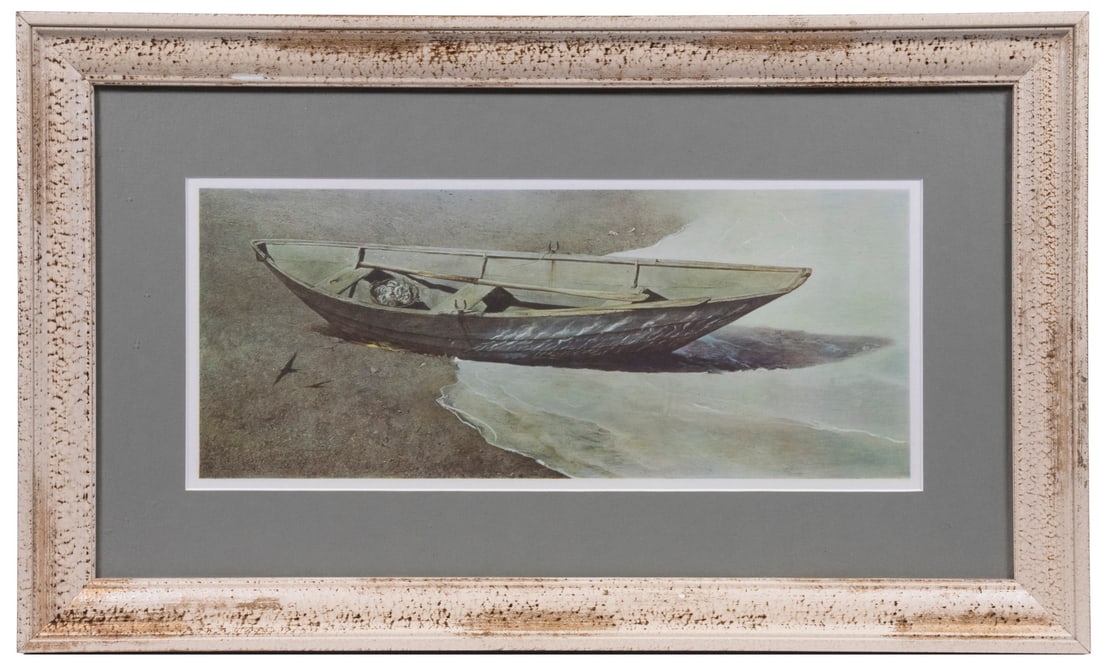 ANDREW NEWELL WYETH (PA/ME, 1917-2009): "Spindrift" collotype print after the 1950 watercolor, in white molded frame with brown and gold scumbling, matted under non-glare glass, OS: 14" x 24", image size: 6 1/2" x 16".