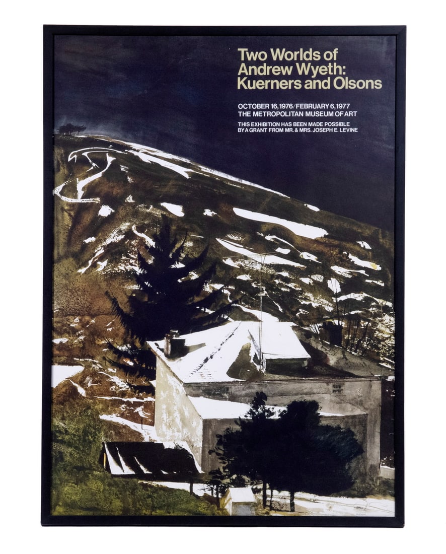 ANDREW WYETH EXHIBITION POSTER FEATURING "WOLF MOON", 1976: "Two Worlds of Andrew Wyeth: Kuerners and Olsons". The Metropolitan Museum of Art, October 16 1976 / February 6, 1977. Black box frame, under glass, OS: 40" x 29", SS: 38 1/2" x 27 1/2", good conditio