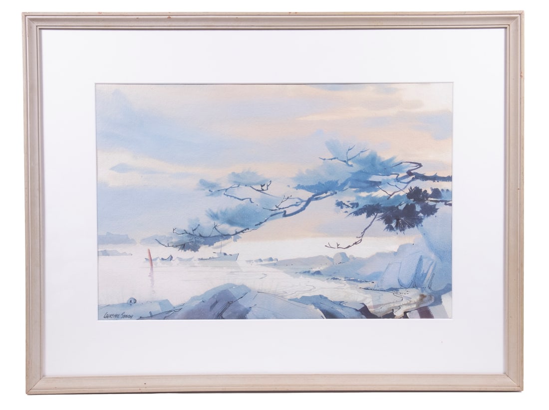 LAURENCE PHILIP SISSON (MA/ME/NM, 1928-2015): Harbor Scene with Ancient Pine and Lobster Boats, watercolor on paper, signed lower left, in grey painted frame, matted and glazed, OS: 19" x 25", SS: 12" x 18".