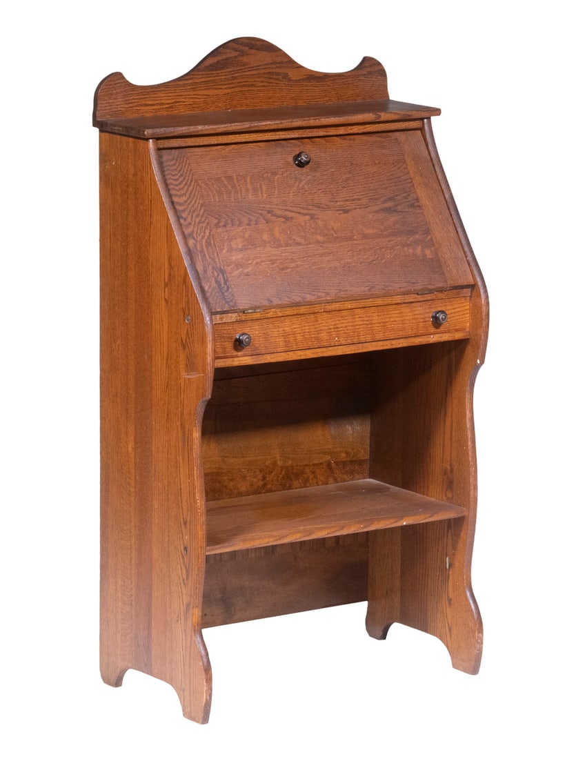 CHILD'S LARKIN DESK: Early 20th c. Oak Youth Size Fall Front Desk, with top backsplash, interior fitted with four pigeon holes, single drawer and open shelf below, 38" high, 21" x 11 1/2".