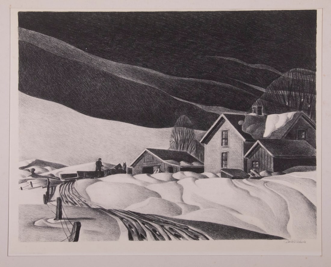 DALE NICHOLS (NE/IL/AZ, 1904-1995): "Midwest Morning", lithograph, signed in pencil lower right, original Associated American Artist label and paper mat, 9 1/2" x 12 1/2" image on 12" x 16" sheet. Unframed, in foamcore folio.