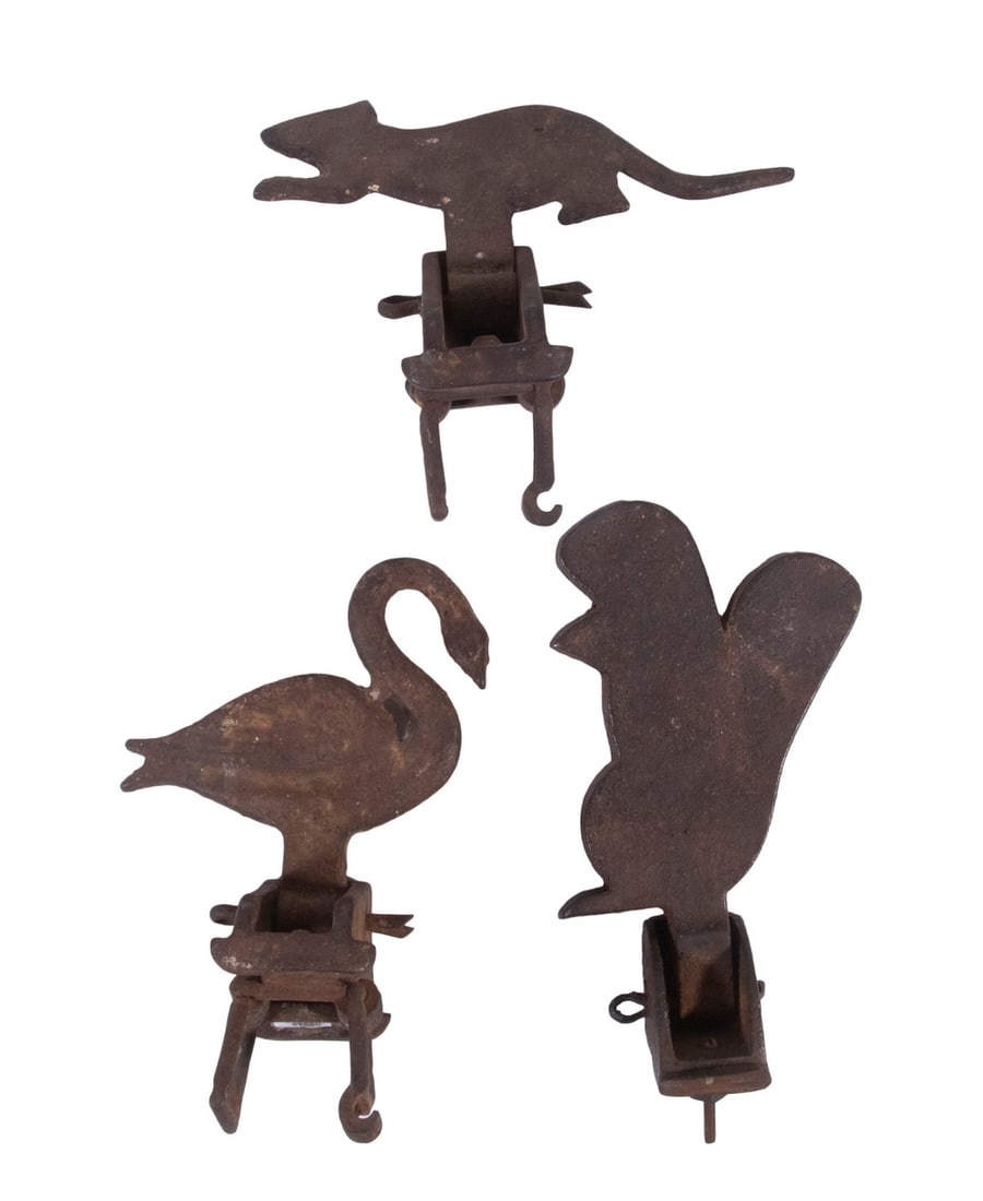 CAST IRON SHOOTING GALLERY TARGETS: Lot of (3) Figural Targets, early 20th c., incl: Swan, 5 1/2" high (7" with base), 5 1/2" wide; Squirrel, 7 1/2" high (8 1/2" with base), 4 1/2" wide; and Rat, 4 1/2" high (5 1/2" with base), 8" wide.